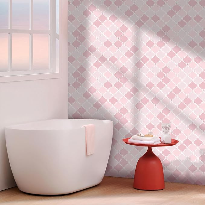 Pink Arabesque Tiles Peel and Stick Backsplash for Kitchen, WalDecoo 10-Sheet Stick on Tiles Kitchen Backsplash, Pink Peel and Stick Wall Tiles（12''×12''）