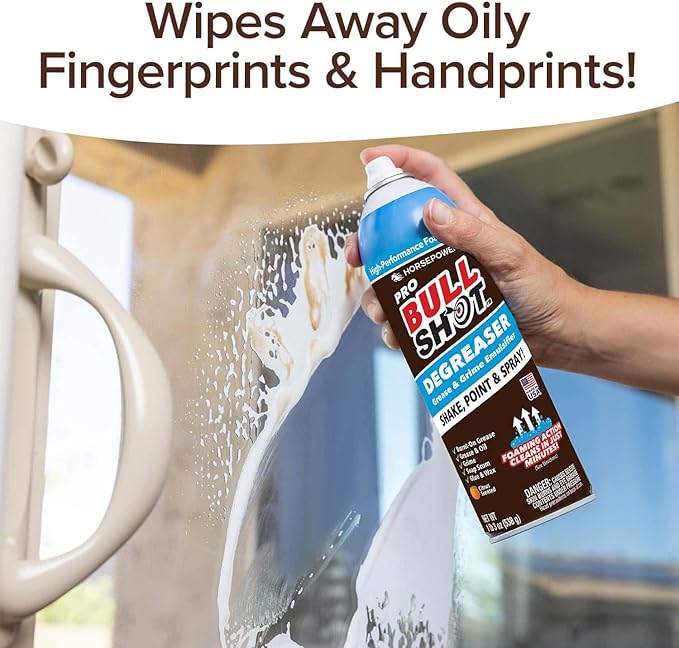 Bull Shot Degreaser Pro, Foaming Degreaser & Grime Remover, Heavy-Duty, AS SEEN ON TV, Residue-Free, Shake, Point & Spray, Emulsifies Grease, Oil Splatters, Glue, Tape Residue & More - Made in the USA