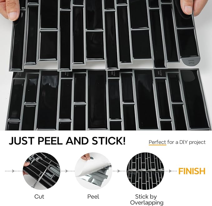 Vamos Tile Black Peel and Stick Tile Backsplash, 12"x12" 10-Sheet Stick on Wall Tiles,Self Adhesive Tile Sticker for Kitchen Backsplash and Bathroom(Black)