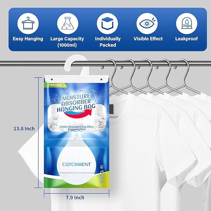 PEKGRIL Moisture Absorber Packets 6 Packs, 15 oz Hanging Dehumidifier Bags, Fragrance Free Humidity Packs for Closet, Bathroom, Kitchen, 420g/Pack
