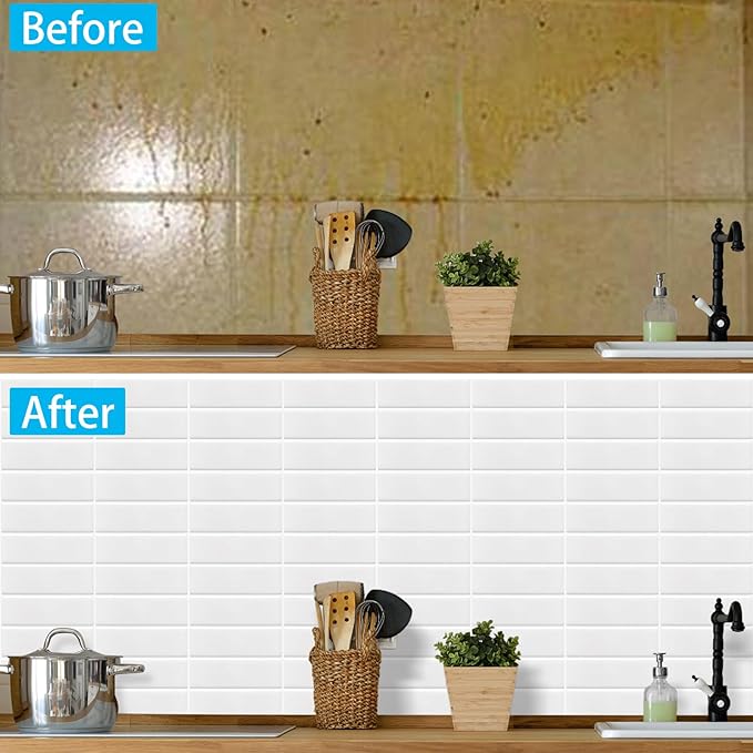 Peel and Stick Tile, New Upgrade Thicker Design Self Adhesive 12" x 12" Large Premium Finger Tiles for Kitchen,Bathroom, Living Room, RV Etc (10-Sheet,White).