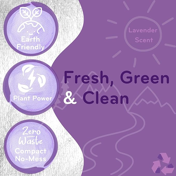 Eco-Squares laundry detergent sheets with zero waste dry soap technology for cleaning linen and clothes in regular and high efficiency top and front load washing machines, Lavender