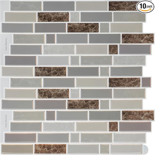 Peel and Stick Backsplash Tiles for Kitchen,Large Design Premium 3D Self-Adhesive Stick on Backsplash for Kitchen,Living Room,Bedroom,etc,10-Sheet of 12"횞12" Brown Marble Peel and Stick Decor
