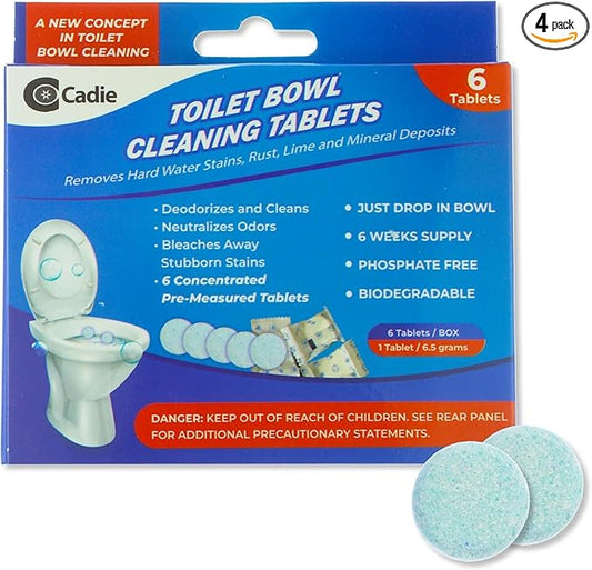 Cadie Toilet Bowl Cleaning Tablets - Automatic Drop-in Bleach 24 Blocks that Cleanse Bathroom at Home & Commercial | Removes Stubborn Stains, Rust, Lime, Mineral Deposits - 4 Pack