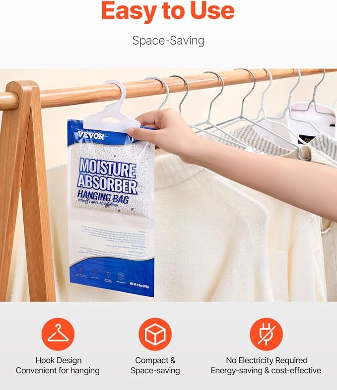 VEVOR Hanging Moisture Absorber, 9.3 oz Hanging Closet Dehumidifier Bags(10 Packs), Fragrance Free Moisture Bags in Wardrobes, Bedrooms, Bathrooms