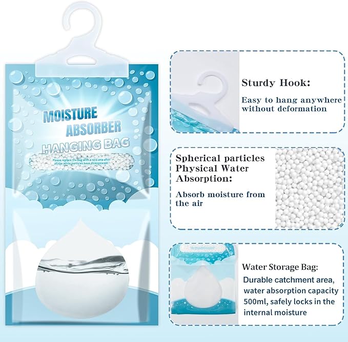 Moisture Absorbers Packets - 12 Pack Hanging Moisture Absorbers Dehumidifier Bags for Closet Bathroom Kitchen, Fragrance Free Humidity Absorber Packs, Removes Moisture & Odors