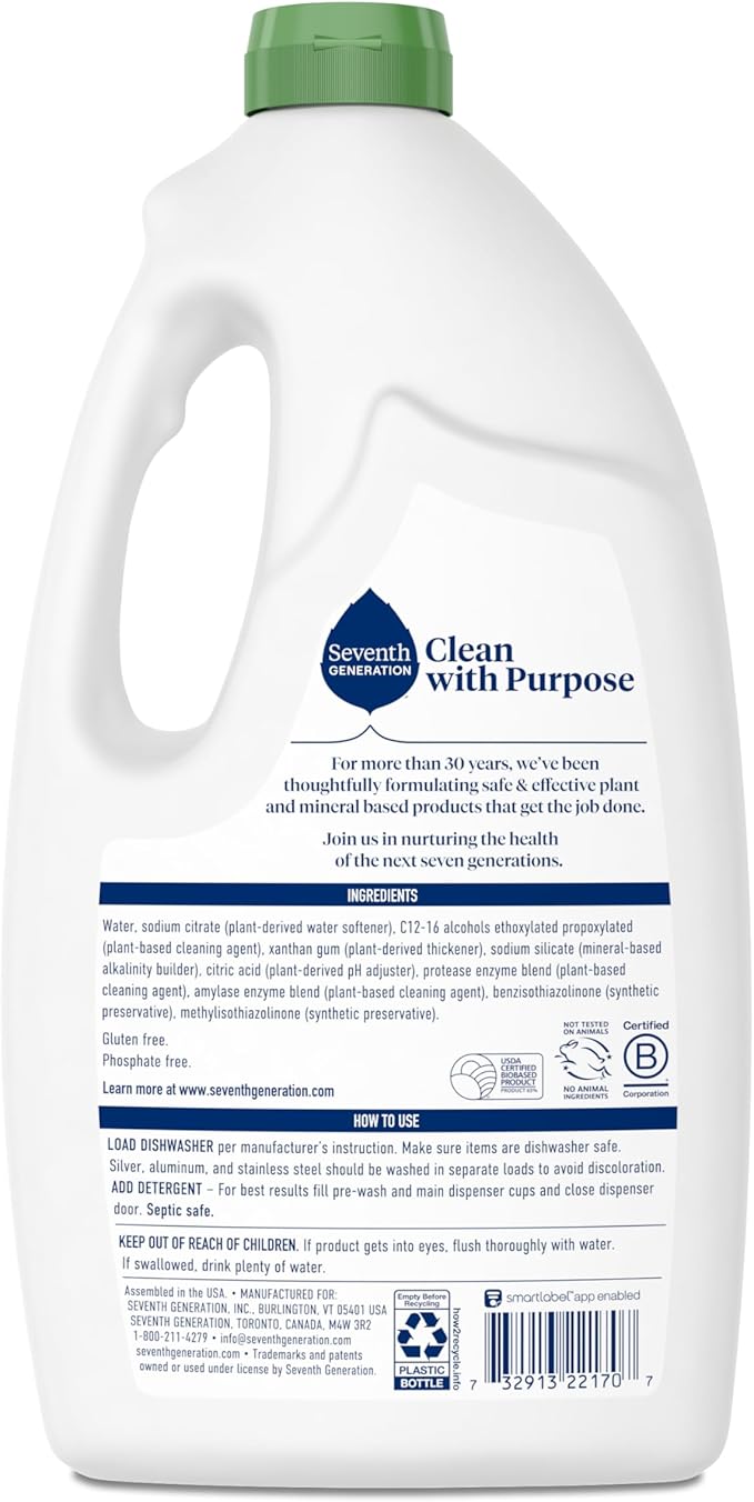 Seventh Generation Free & Clear Dishwasher Detergent Gel, 42 oz, 6 Pack, Targets Grease & Stuck-On Food For A Streak-Free Finish, Fragrance Free