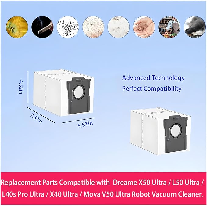 Dust Bags and Mop Pads Replacement for Dreame X50 Ultra / L50 Ultra / L40s Pro Ultra / X40 Ultra/Mova V50 Ultra: 14 Pack used for Pet Hair, Dirt, and Debris on All Floor Surfaces