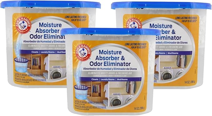 Arm & Hammer Moisture Absorber & Odor Eliminator 14oz Tub, 3 Pack - Eliminates Musty Odors & Freshens Air for Closets, Laundry rooms, Mud Rooms, white