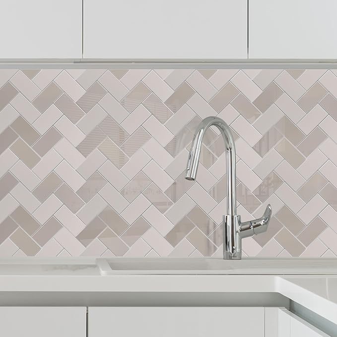 Peel and Stick Backsplash for Kitchen,New Upgrade Herringbone Premium Kitchen Backsplash,Stick on Subway Tile Peel and Stick Backsplash (Glossy and Matte Beige)