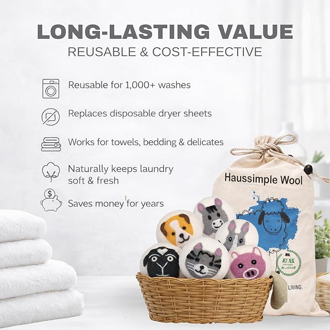 Wool Dryer Balls 6-Pack 100% Natural New Zealand Wool, Handmade in Nepal Reusable Laundry Balls, Faster Drying, Softer Clothes, Anti-Static, Dryer Sheets Alternative (Farm)