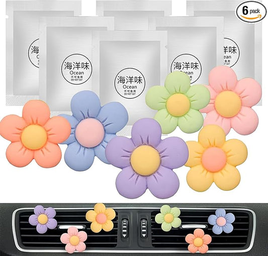 Cute Car Decor Interior Aesthetic Accessories for Women 6pcs Girly Flower Cars Air Freshener Vent Clips for Girls Pink/Purple/Blue/Green/Yellow Boho Scents Decorations Stuff Kawaii Christmas Gifts