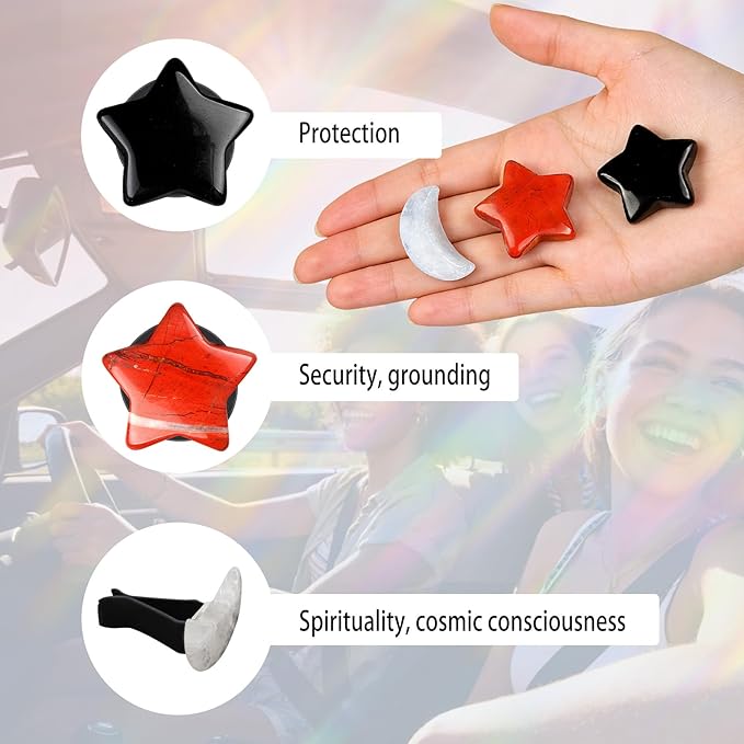 Moon Stars Car Decor,Boho Air Vent Clips,Refillable Car Fresheners,3pcs Natural Crystal Stone Hippie Dashboard Decorations Accessories,Best Wishes for Lover and Friend (Black & Red)