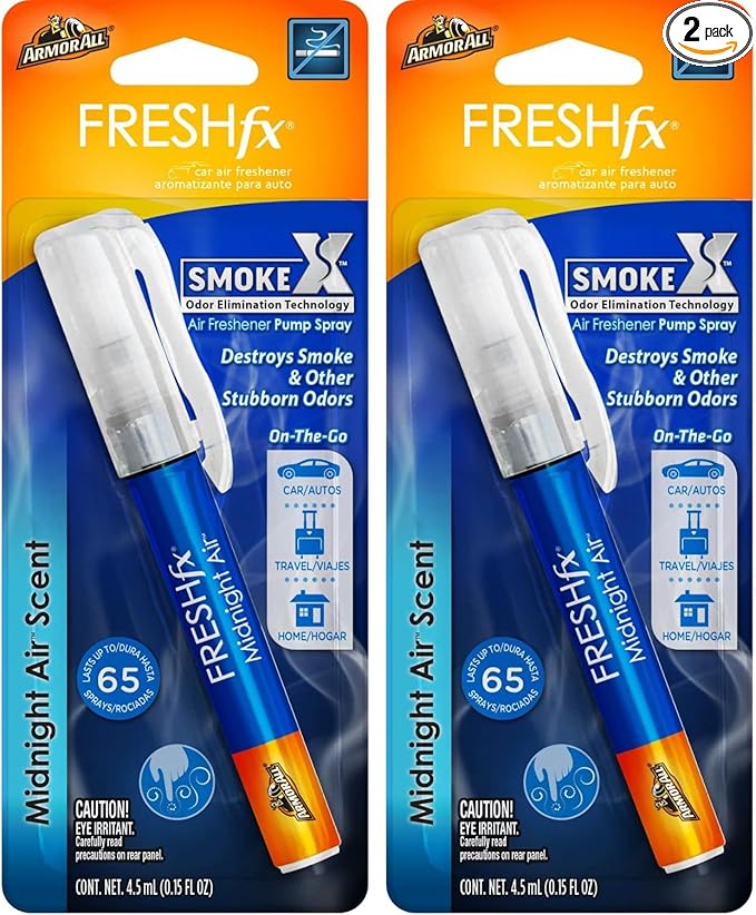 Armor All Fresh FX Smoke X Car Odor Eliminator Spray Pump by Armor All, On-The-Go Car Air Freshener Spray, Midnight Air Scent, 0.15 Oz (Pack of 2)