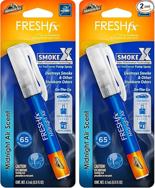 Armor All Fresh FX Smoke X Car Odor Eliminator Spray Pump by Armor All, On-The-Go Car Air Freshener Spray, Midnight Air Scent, 0.15 Oz (Pack of 2)