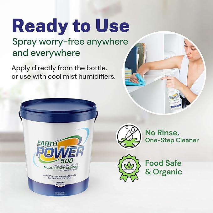 Earth Power Hypochlorous Acid 500 PPM Multipurpose Cleaner – Natural & Non-Toxic – Tile, Refrigerator, Shower, Countertop & Floor Cleaner – Family, Food & Pet Safe Cleaning Supplies – 5 Gallon