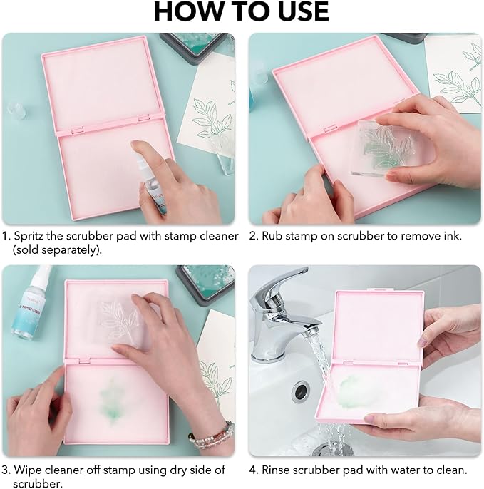 Briartw Stamp Cleaning Kit:Pink Stamp Scrubber & All-Purpose Stamp Cleaner Spray | Dual-Sided Cleaning Pad for Rubber, Clear, Cling & Foam Stamps | Complete Care for Water-Based & Permanent Inks
