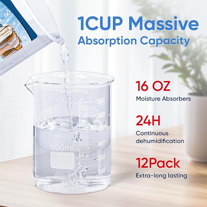 12 Pack Moisture Absorbers, 16 OZ Humidity Absorber Bucket, Moisture Absorbers for Closet, Dehumidifier Bucket for Wardrobes, Kitchens and Bathrooms, Fragrance Free Humidity Absorber