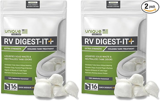 Unique RV Digest-It+ Extra-Strength RV Toilet Treatment Pod - Liquifies Waste and All Brands of Toilet Paper - Eliminates Odors at the Source (16 Pods) (Pack of 2)