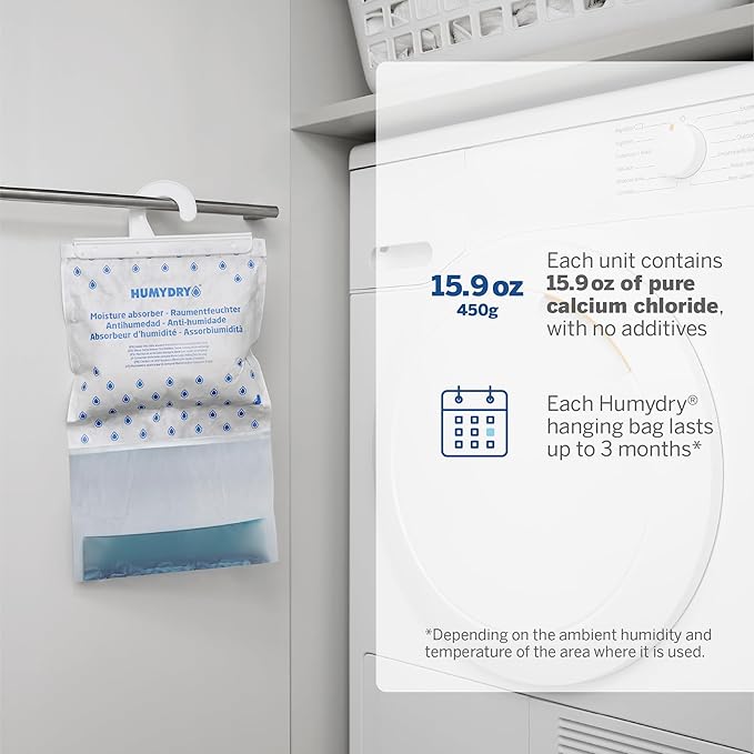 HUMYDRY Hanging Moisture Absorber for Closets, Pack of 6 Unscented 15.9 Oz Dehumidifier Bags, Non Electric Humidity Absorbers for Wardrobes Clothes Storage Areas and Small Enclosed Spaces