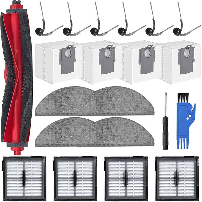 21 Pcs Q10 X5 Accessories Kit for Roborock Q10 X5+/Q10 X5 Robot Vacuum Replacement Parts, 1 Main Brush, 4 HEPA Filters, 4 Mop Pads, 4 Dust Bags, 6 Side Brushes, 2 Tools