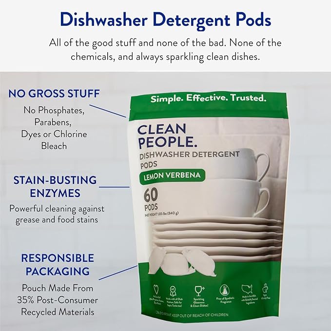 The Clean People Dishwasher Pods - Cuts Grease & Rinses Sparkling Clean - Residue-Free - Phosphate Free Dishwashing Pods (60 Count, Lemon Verbena)