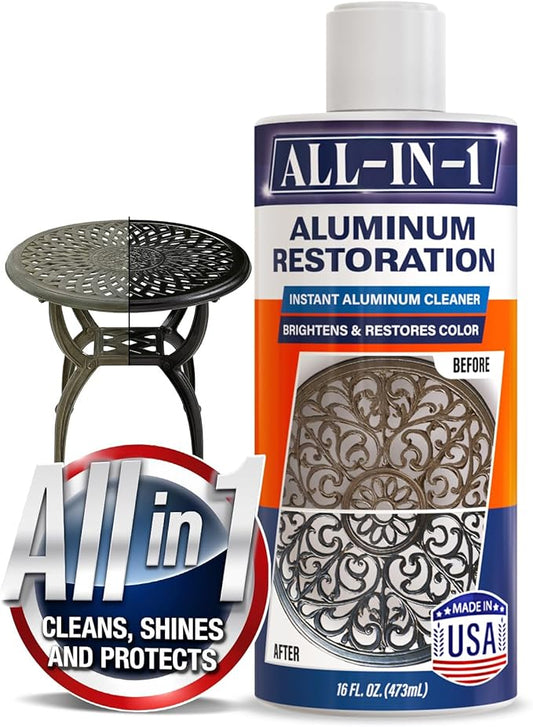 All-In-1 Aluminum Cleaner & Restoration Solution – Made in USA, Restores Faded Patio Furniture, Garage Doors, & Outdoor Fixtures, Aluminum Brightener & Restorer for All Painted Metal Surfaces, 16 OZ