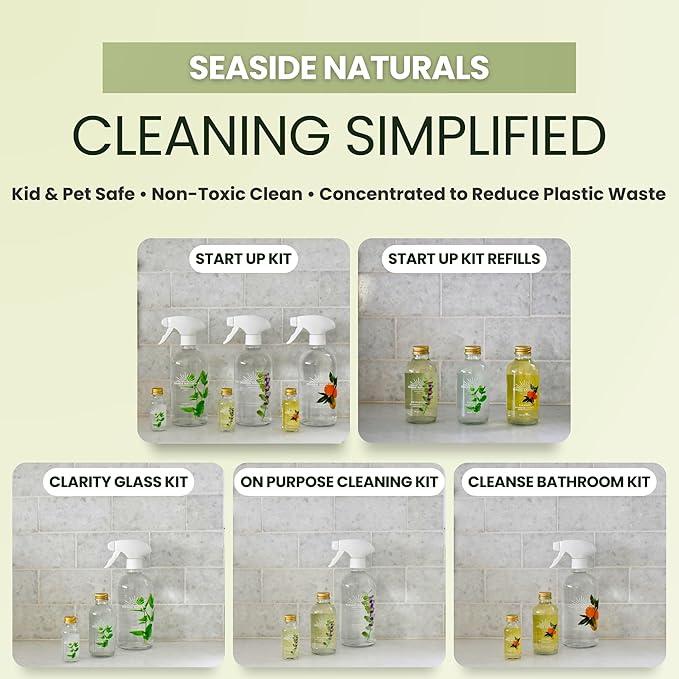 Start Up Kit – Plant-Based All-Purpose, Glass & Bathroom Cleaners (Glass Bottles, Sprayers & Concentrates, Essential Oils: Eucalyptus, Lavender, Tea Tree, Peppermint, Citrus) Kid & Pet Safe, Non-Toxic