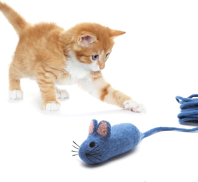 Glaciart One Felt Mouse Cat Toy – Soft Fuzzy Enrichment 100% Natural Wool - Interactive Catnip Play Cat Toy Set - Safe for Pets, Non-AZO Colored Dyes - 100” Long