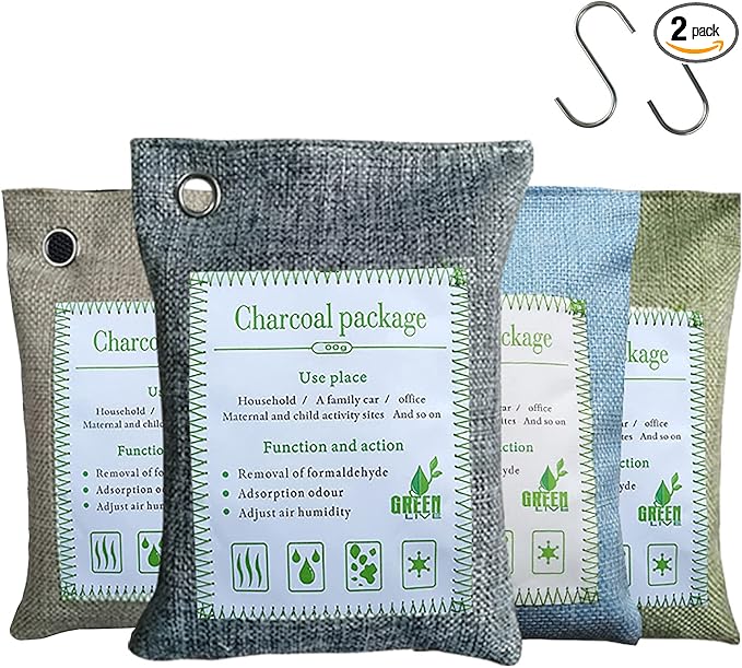 Bamboo Charcoal Bags Odor Absorber, 2 Packs 200g Charcoal Deodorizer Bags with Hooks, Nature Bamboo Charcoals Air Purifying Bags Activated Charcoals Odor Absorbers for Home Cars Pet Closet Bathroom