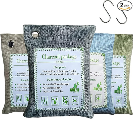 Bamboo Charcoal Bags Odor Absorber, 2 Packs 200g Charcoal Deodorizer Bags with Hooks, Nature Bamboo Charcoals Air Purifying Bags Activated Charcoals Odor Absorbers for Home Cars Pet Closet Bathroom