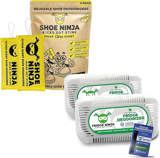 Earth Ninja Fresh Home Bundle – Fridge Ninja (2 Pack) + Shoe Ninja (2 Pack) – Natural Activated Charcoal Odor Eliminators – Long-Lasting, Reusable Deodorizers for Fridge, Shoes, Gym Bags & More