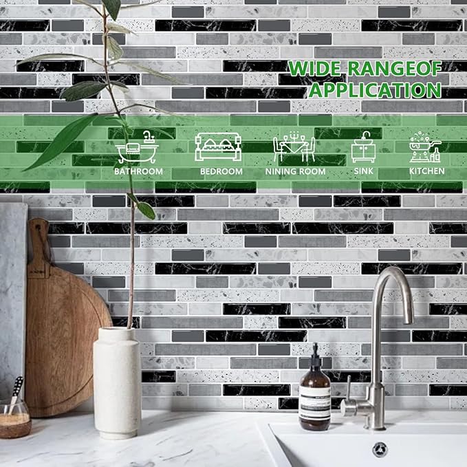 LONGKING 10-Sheet Self-Adhesive Peel and Stick Backsplash for Kitchen, Vinyl Decorative Tiles (Gray)