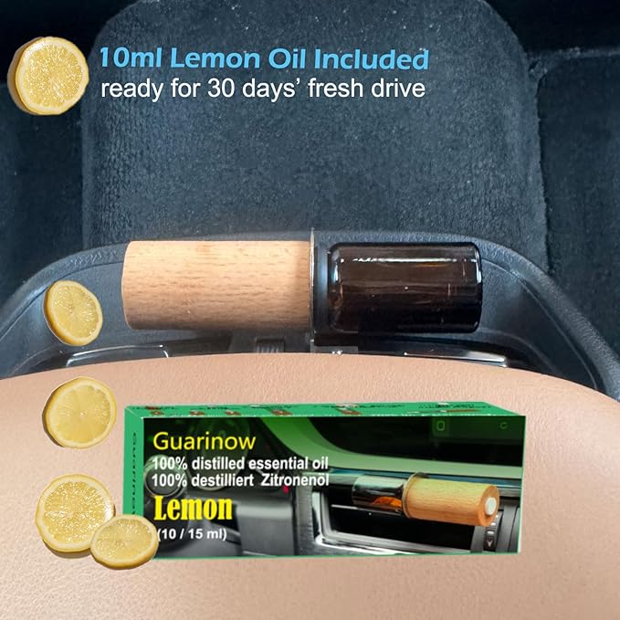 Refillable Car Essential Oil Diffuser with Lemon Oil (10ml), 30 Days’ Vent Clip Air Freshener Commuter Aromatherapy Non-toxic Strong Natural Fragrance Odor-fighting Fresh Scent for Women Men (1 Set)