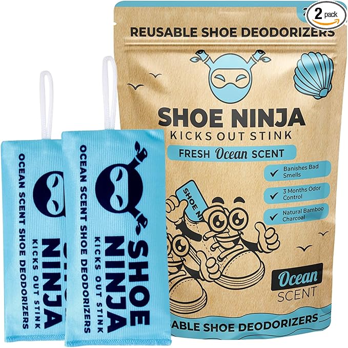 Shoe Ninja Shoe Deodorizer - Shoe Odor Elimination with Activated Charcoal, Versatile and Reusable Shoe Smell Remover, Boxing Glove Deodorizer, and Shoe Freshener, Great for Sports - 1 Pack Count of 2