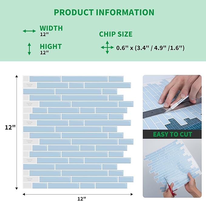 LONGKING 10-Sheet Self-Adhesive Peel and Stick Backsplash for Kitchen, Vinyl Decorative Tiles (Blue)