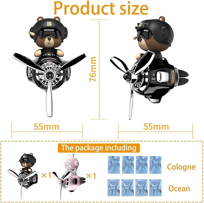 2Pcs Car Air Fresheners, Cute Bear Pilot Automotive Air Outlet Creative Car Perfume Diffuser, Automotive Accessories Air Vent Decoration with 8 Fragrant Tablets (Black 1+Pink 1)