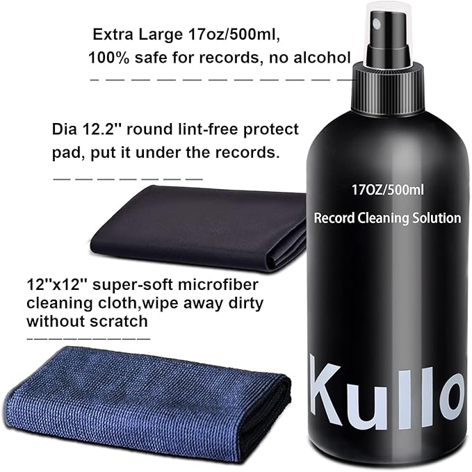 Vinyl Record Cleaner Solution 17oz/500ml, 4Pcs Vinyl Record Cleaning Kit, Record Cleaning Fluid Spray & Label Protector & Microfiber Cloth & Protector Pad, Record Player Cleaning Kit for LP Album