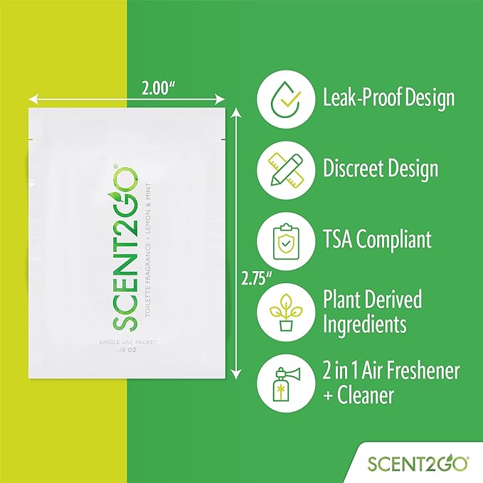 Scent2Go Toilet Fragrance Powder - Discreet Travel Size Packet - Leak Lock Design - Plant Based Formula - Lemon + Mint - 20 Single Use Packets