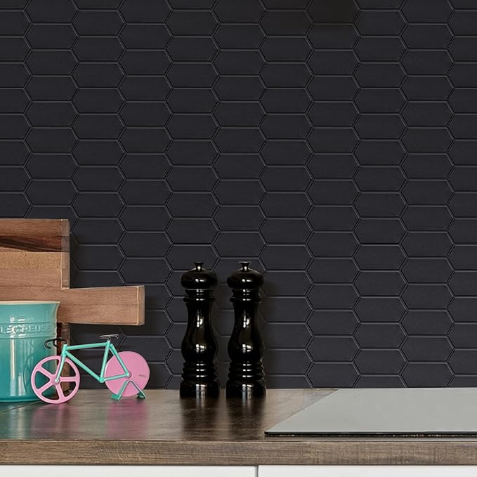Matte Black Long Hexagon Peel and Stick Wall Tiles for Kitchen, 10-Sheet Stick on Tiles Backsplash for Bathroom, Large Self-Adhesive Kitchen Backsplash (12''×12'')