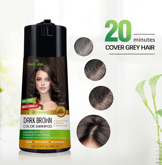 Herbishh Hair Color Shampoo for Gray Hair Dark Brown 400 ML + Hair Color Stain Remover Wipes - Travel Pack With 5 Wipes