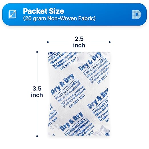 Dry & Dry 20 Gram [200 Packets] Silica Gel Packets Desiccants, Silica Packets - Rechargeable Moisture Absorbers for Food Storage, Electronics, 3D Filament & Safes