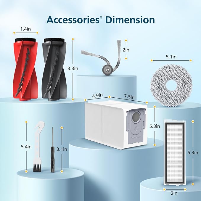 Qrevo S5V Replacement Parts for Roborock Qrevo S5V / Curv/Edge/Edge S5A / Curv S5X, Accessories include 2*Set Main Brush, 6*Mop Pads, 6*Vacuum Bags, 4*Hepa Filters, 6*Side Brush, 2*Cleaning Tool