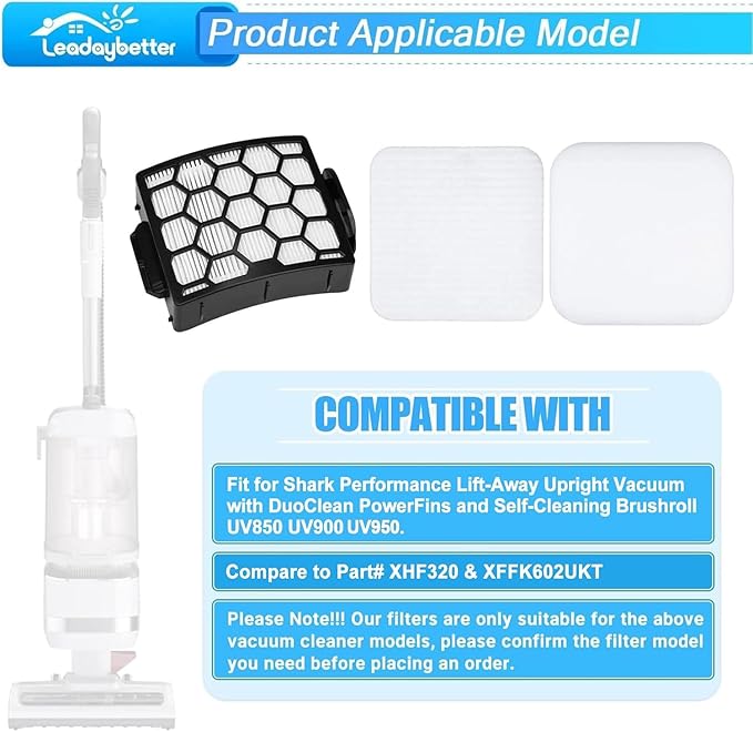 Leadaybetter UV900 Replacement Filters for Shark Performance Lift-Away UV850 UV950 DuoClean Upright Vacuum, Compare to Part # XHF320 & XFFK602UKT (2 HEPA+4 Foam+4 Felt Filter Set)