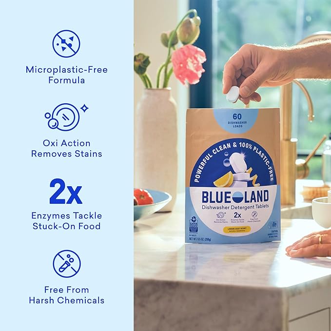 BLUELAND 100% Plastic-Free Dishwasher Detergent Tablets, 36 Count, Lemon Zest Scent, Eco Friendly Dishwashing Pods, Natural, USDA Certified biobased