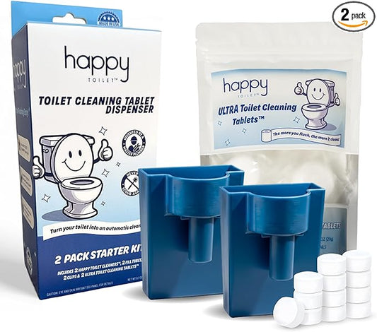 Happy Toilet Cleaner - 2 Automatic Toilet Bowl Cleaner Toilet Tablet Holder & 12-Pack Ultra-Strength Cleaner Tablets - Easy to Install Self-Cleaning Toilet System, Deep Clean with Every Flush