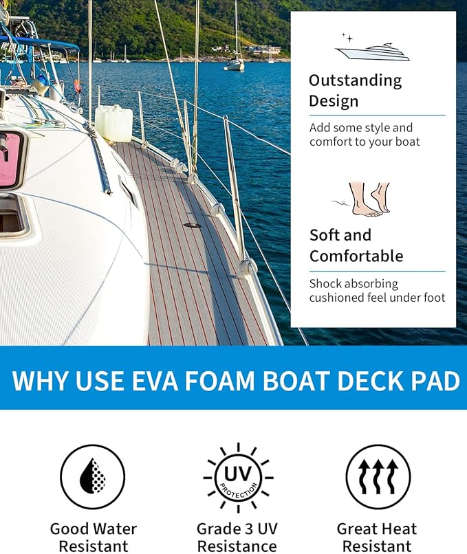 OCEANBROAD EVA Foam Boat Flooring with 3M Adhesive Backing Marine Self-Adhesive Decking 96''x45.6''/36''/28.8''/16.8'', 48''x16.8'' Faux Teak Sheet for Jon Boats Swim Platform Helm Pad RV Floor