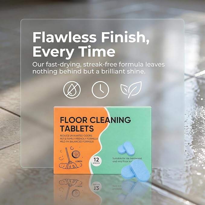 Floor Cleaning Tablets, Multi-Surface Floor Cleaner Solution with Mopping for Bathroom, Kitchen, Floors & Tile, Lemon Scent (12 pcs) (2)