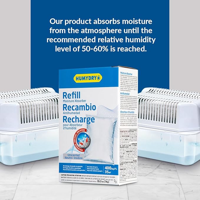 HUMYDRY Moisture Absorber Refills for 35.3 Oz Dehumidifier Device, Pack of 6 Unscented Humidity Absorber Bags, Non Electric Refill Pouches For Basements Garages Offices RVs and Large Enclosed Spaces