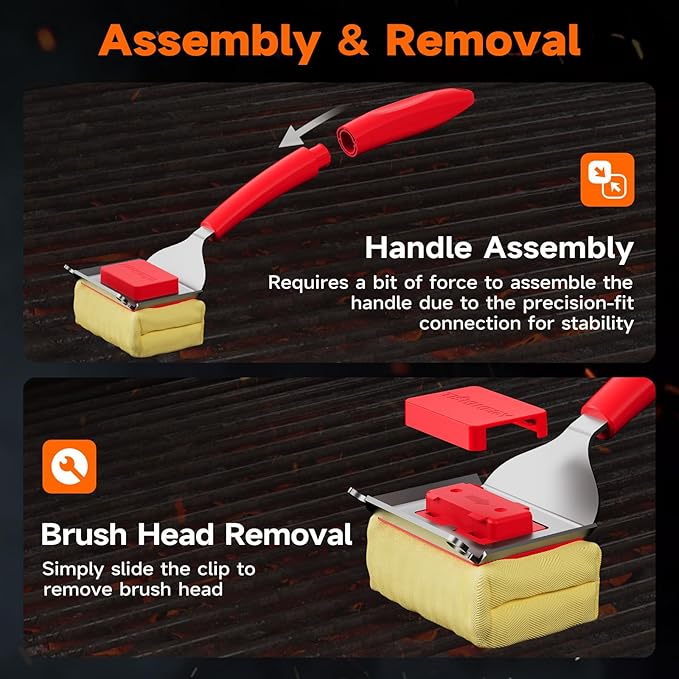 Bristle Free Grill Brush with Scraper for Outdoor Grill Cleaning, Safe Steam BBQ Grill Cleaner, Replaceable Head, Grilling Accessories for Cast Iron, Stainless Steel, Porcelain, Ceramic Grates - Red